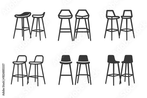 Modern Stools Icon Set. A pair of sleek modern stools for a kitchen island or bar. Icon set. Set Logo of modern stools: designer interior furniture accent.