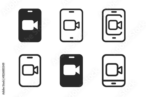 Content Creator Icons. Content creators making videos or writing blogs. Icon set. Set Logo of Content creators making videos or writing blogs: Smartphone with