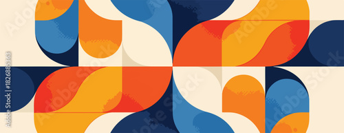 レトロモダンな幾何学模様の抽象的なベクター背景、オレンジ、青、クリーム色の調和したパターンデザイン