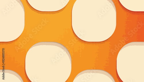 オレンジと黄色の背景に配置された、角の丸い白い図形の抽象的なベクターパターンデザイン。コピー用のスペース。