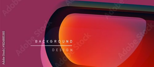 Abstract composition features vibrant gradients, geometric shapes, text elements. Warm tones dominate design, creating modern aesthetic.