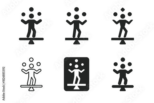 Juggling Balance Logo Set. Learning juggling or balance tricks. Icon set. Set Logo of learning juggling or balance tricks: balance beam with person maintaining
