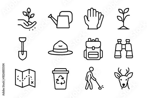 Eco Action Icons. Green Action Team. Line icon set of Green Action Team: tree planting, watering can, gloves, sapling, shovel, ranger hat, backpack,