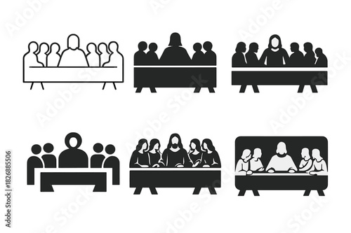 Last Supper Logos. Last Supper. Icon set. Set Logo of Last Supper: table with figures in silhouette. harmonious logo variations of the same emblematic concept,