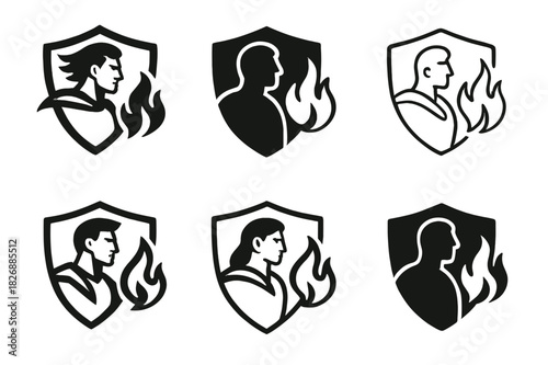 Heroic Icon Variations. Hero Facing Danger Bravely. Icon set. Set Logo of Hero Facing Danger Bravely: shield and flame symbol. harmonious logo variations of
