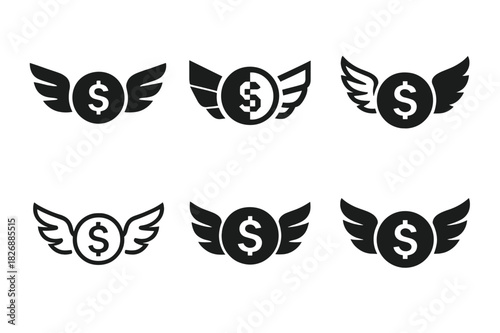 Financial Freedom Icons. Financial independence. Icon set. Set Logo of financial independence: coin with freedom wings. harmonious logo variations of the same