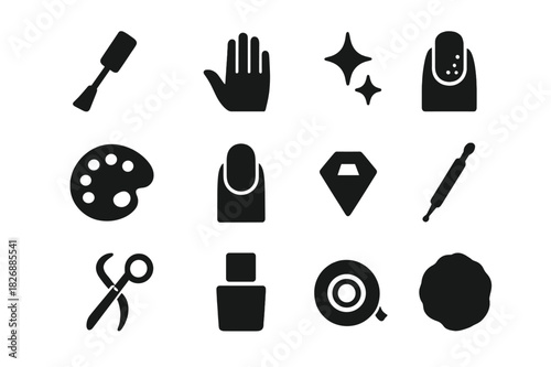 Nail Art Icons. Nail art. Solid icon set of nail art: nail polish brush, hand, sparkle, design pattern, palette, nail file, rhinestone, dotting tool, scissors,