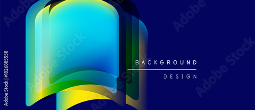 Abstract colorful layers create dynamic background. Gradient hues blend, forming modern design element. Dark blue contrasts bright shapes.