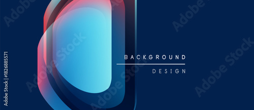 Abstract geometric shapes overlap, creating vibrant blue, pink gradients. Dark background emphasizes design elements. Modern aesthetic.