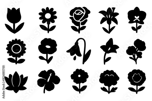 Flower Silhouette Icons. Flower silhouettes. Solid icon set of Flower silhouettes: tulip, daisy, rose, lily, sunflower, poppy, bellflower, orchid, lotus,