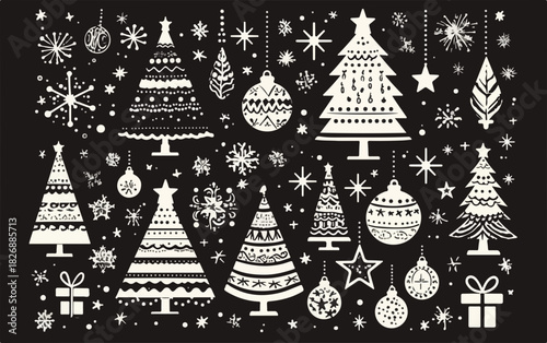 クリスマスの装飾品、雪の結晶、プレゼント、そして様々なデザインのクリスマスツリーが描かれた、モノクロのベクターイラストレーション。