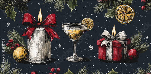 クリスマスのキャンドル、カクテル、ギフトボックス、冬の装飾、ホリデーシーズンのベクターイラストレーション