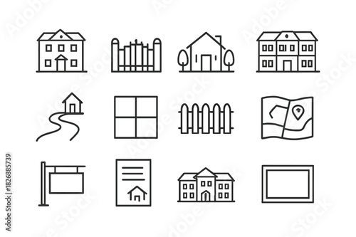Estate Outline Icons. Estate. Line icon set of estate: mansion icon, estate gate, house with trees, large villa, private driveway, land parcel, property fence,