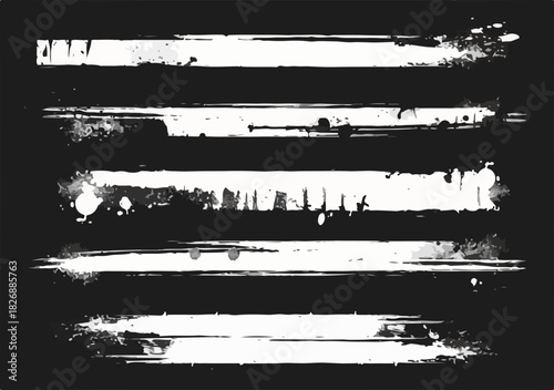 白黒のグランジ風ブラシストロークのベクターセット、デザイン要素、テクスチャ、背景に最適