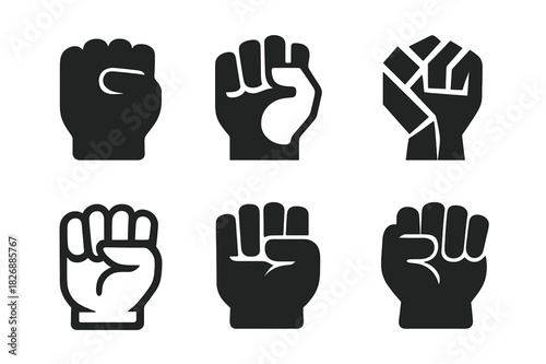 Clenched Fist Logos. Fist clenching. Icon set. Set Logo of fist clenching: close-up of knuckles and curled fingers. harmonious logo variations of the same