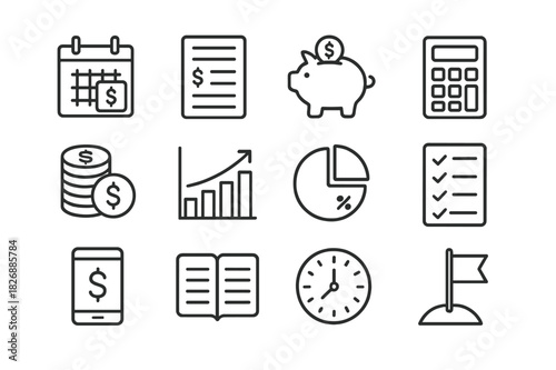 Financial Planning Icons. Financial Planning. Line icon set of Financial Planning: calendar with payday, budget sheet, piggy bank, calculator, coins, savings