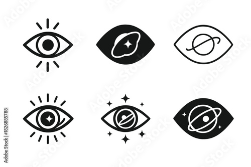 Cosmic Eye Logos. cosmic view. Icon set. Set Logo of cosmic view: cosmic eye. harmonious logo variations of the same emblematic concept, each with different
