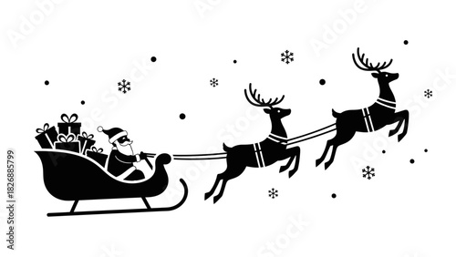Santa Claus riding his sleigh pulled by reindeer, a traditional Christmas scene with gifts and snow