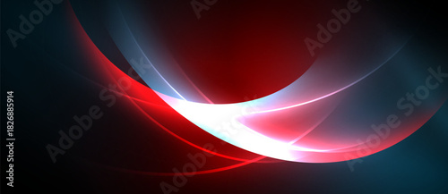 Abstract design features flowing curves, vibrant red, blue hues. Bright white light emanates from center, creating dynamic visual effect.