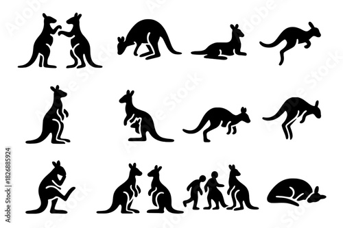 Kangaroo Icons Set. Kangaroo behavior. Solid icon set of Kangaroo behavior: boxing pose, grazing, hopping, alert stance, resting kangaroo, sniffing,