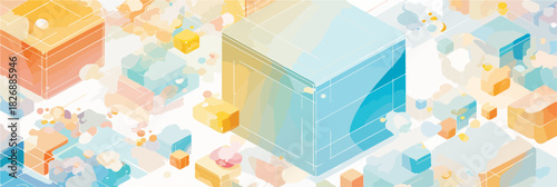 カラフルな幾何学的な立方体が重なり合う、抽象的でモダンな背景デザイン。ベクターイラスト。