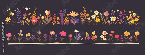 秋の野花と植物の装飾的なボーダーセット、ベクターイラストレーション、ダーク背景