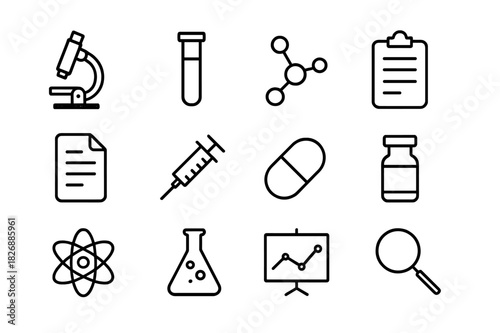 Medical Research Icons. Medical research. Line icon set of medical research: microscope, test tube, molecule, clipboard, document, syringe, pill, vial, atom,