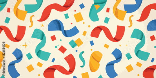 カラフルな紙吹雪とリボンが舞う、お祝いやパーティーの楽しいベクター背景