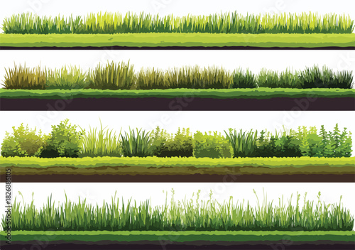 様々な種類の緑豊かな草地と土壌の断面図のベクターイラストセット。自然の背景やデザインに最適。