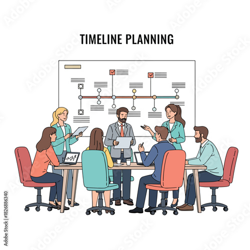 Illustration of a business team collaborating on a timeline planning project in a meeting room.