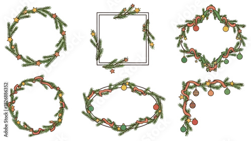 Festive Christmas Wreaths and Garlands Featuring Pine Branches and Ornaments in Various Shapes and Styles for Holiday Decorations