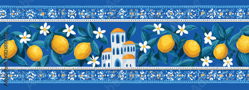 青い背景にレモンと白い建物の装飾的なボーダーデザイン、ギリシャ風のモチーフ