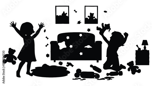 Messy playroom illustration silhouette kids playing concept
