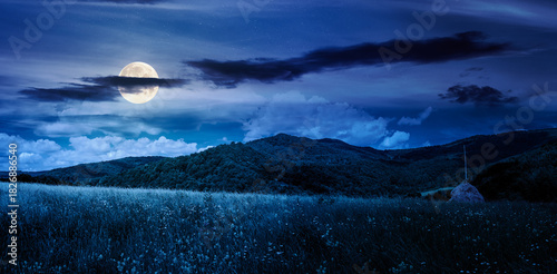 mountain landscape with haystack on the field at night. beautiful countryside scenery of Carpathians in summer under the sky with clouds in full moon light. finance investment or abstract concepts