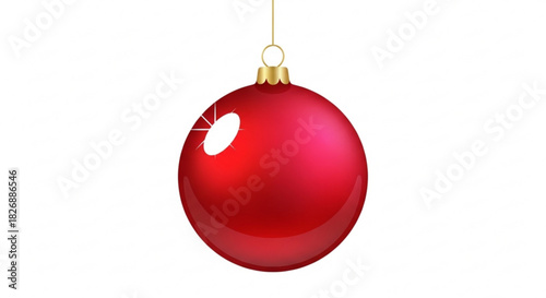 A vibrant red glossy christmas tree ornament hanging delicately from a golden thread, reflecting light, isolated on a white background for festive designs