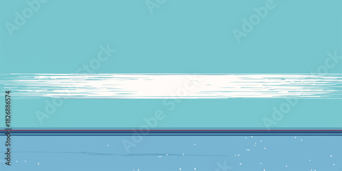 青い空と海、水平線に白い波しぶきが輝く、ミニマルで清潔感のあるベクターイラスト。