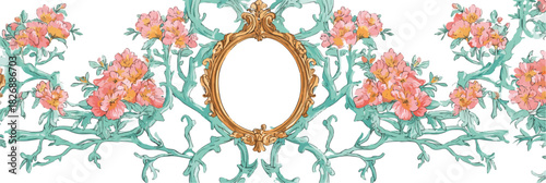 エレガントな装飾的なフレームに囲まれた、繊細なピンクの花と緑の葉のシームレスなパターン。