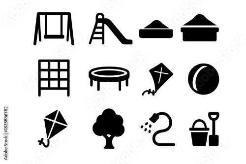 Outdoor Play Icons. Outdoor play. Solid icon set of Outdoor play: swing, slide, seesaw, climbing frame, trampoline, sandbox, ball, kite, water hose, picnic,