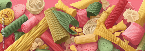 カラフルなパスタの様々な形と色のクローズアップ。イタリア料理の食材の魅力的な構成。