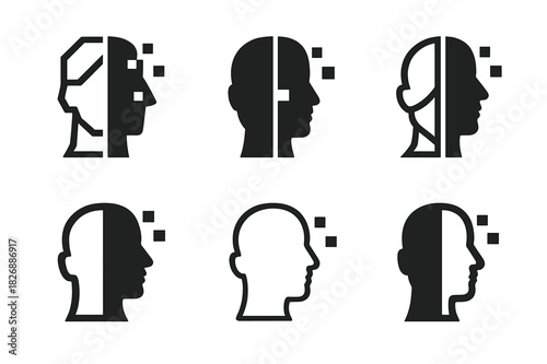 Digital Avatar Icons. Digital avatars and evolving identity. Icon set. Set Logo of digital avatars: half-human, half-digital profile. harmonious logo