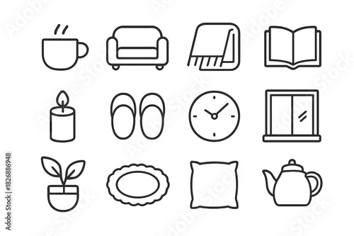 Cozy Icon Set. Cozy Indoors. Line icon set of Cozy Indoors: cup, sofa, blanket, book, candle, slippers, clock, window, plant, rug, pillow, tea kettle. All