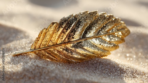Shiny golden leaf ornament rests upon sunlit fine sand