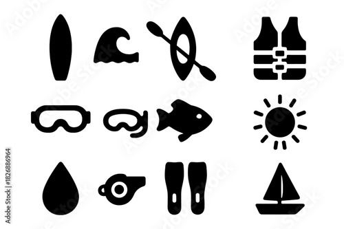 Water Sports Icons. Water Sports. Solid icon set of Water Sports: surfboard, wave, kayak, paddle, life vest, goggles, fish, sun, droplet, whistle, flippers,