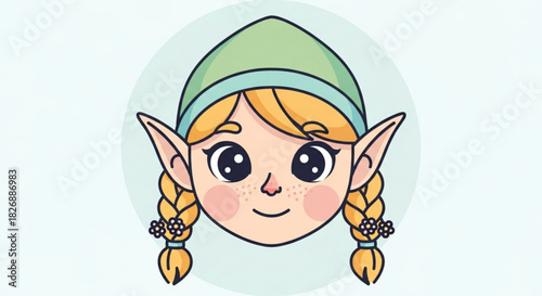 Adorable cartoon elf girl with blonde braids, pointy ears, and a green hat, smiling happily, perfect for fantasy, fairy tale, or child's designs.