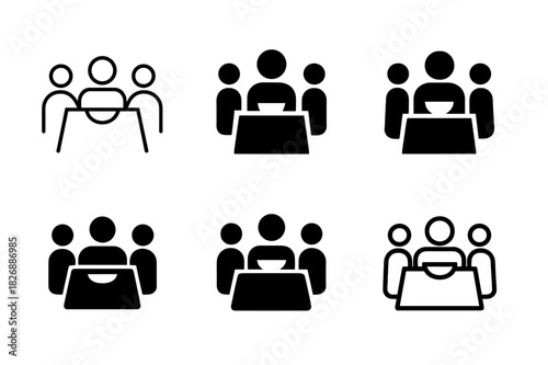 Family Dinner Logos. Family dinner. Icon set. Set Logo of dining table with family. harmonious logo variations of the same emblematic concept (Minimal outline,