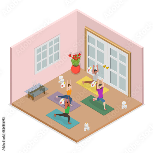3D Isometric Flat Vector Illustration of Yoga Exercising, Healthy Lifestyle. Item 2