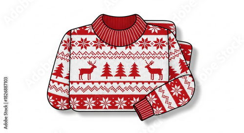 Red and white festive christmas sweater with classic fair isle pattern, featuring reindeer, christmas trees, and snowflakes, isolated on white.