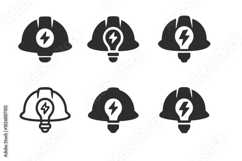 Efficient Energy Logos. Efficient energy use in mining industries. Icon set. Set Logo of efficient energy use in mining industries: helmet lamp glowing with