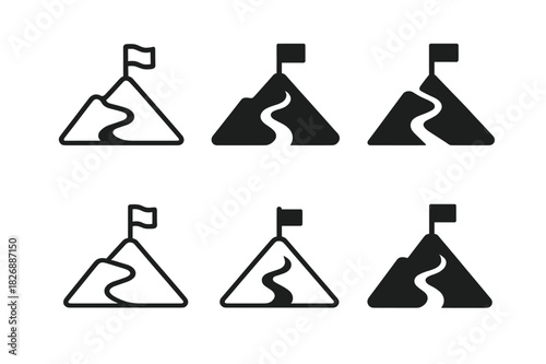 Therapeutic Logo Variations. Therapeutic journeys. Icon set. Set Logo of Therapeutic journeys: Mountain path with flag. harmonious logo variations of the same