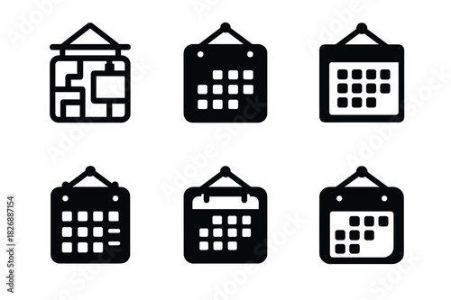 Hanging Calendar Icons. Hanging calendars and planners for easy access. Icon set. Set Logo of hanging calendars and planners for easy access: wall organizer.